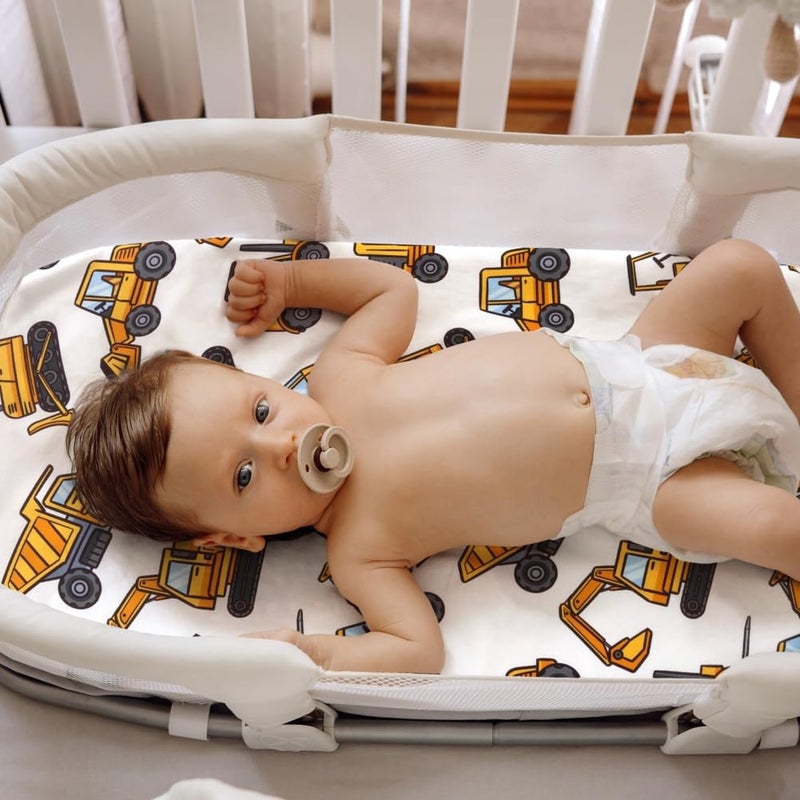 FIGEPO 4 Pack Baby Boy Bassinet Sheets Set Soft Fitted Baby Boy Mattress Covers Construction Truck or Dinosaur Theme Breathable Toddler Sheets for Infant Boys (Construction Truck, Bassinet Sheets) - Image 3